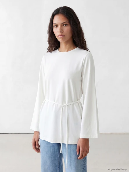 LCW Modest Beyaz Kuşaklı Kadın Sweatshirt Tunik ürün görseli 1