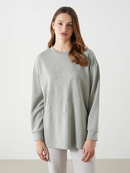 LCWAIKIKI Classic Haki Bisiklet Yaka Kadın Sweatshirt Tunik ürün görseli 1