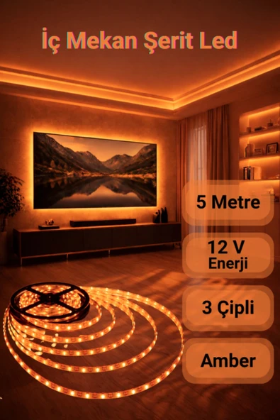 ENFE 3 Çipli Şerit Led Amber Işık ◆ İç Mekan ◆ Yüksek Lümen ◆ Ekstra Kalın PCB ◆ 5 m ( TRAFOSUZ ) ürün görseli 1