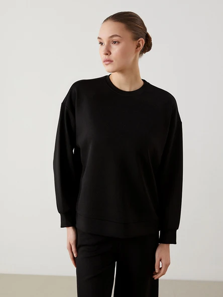 LCW Modest Siyah Bisiklet Yaka Oversize Kadın Sweatshirt Tunik ürün görseli 1