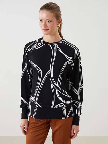 LCWAIKIKI Classic Siyah Bisiklet Yaka Desenli Oversize Kadın Sweatshirt ürün görseli 1