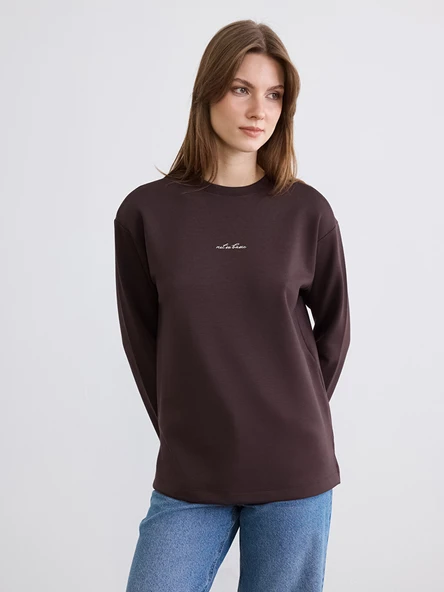 LCW Comfort Kahverengi Bisiklet Yaka Baskılı Soft Touch Kadın Sweatshirt ürün görseli 1