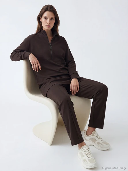 LCW Modest Kahverengi Dik Yaka Soft Touch Kadın Sweatshirt Tunik ürün görseli 1