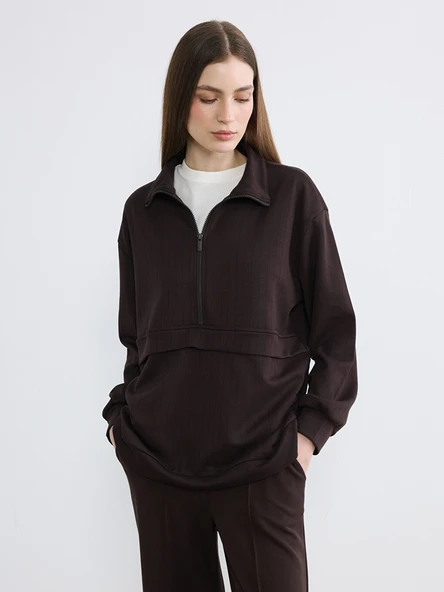 LCW Modest Kahverengi Dik Yaka Soft Touch Kadın Sweatshirt Tunik ürün görseli 1