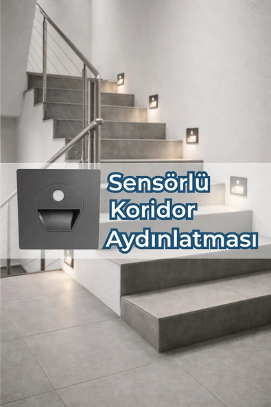 ENFE Sensörlü LED Koridor Aydınlatma 1W Sıva Altı Kare Füme Kasa 3000K Otomatik Gece Lambası ürün görseli 1
