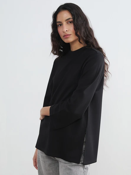LCW Modest Siyah Bisiklet Yaka Soft Touch Kadın Sweatshirt Tunik ürün görseli 1