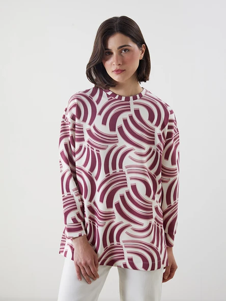 LCW Modest Pembe Desenli Oversize Kadın Sweatshirt Tunik ürün görseli 1