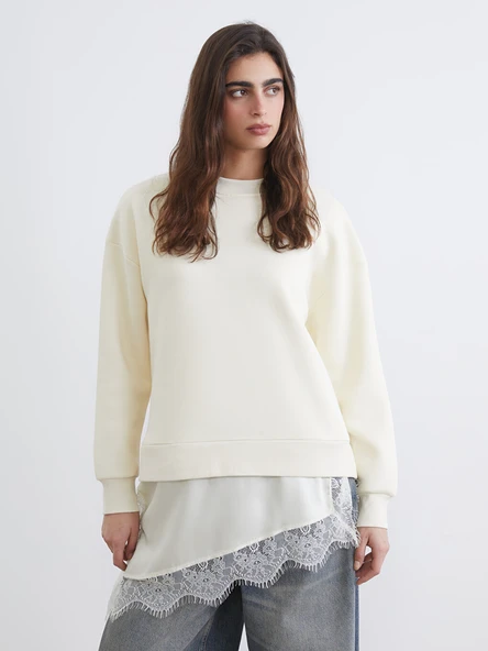 LCW Vision Bej Dantel Detaylı Oversize Kadın Kalın Sweatshirt ürün görseli 1