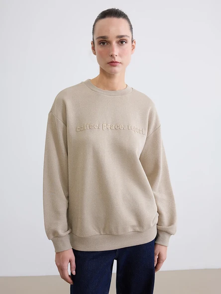 LCW EVERYDAY Bej Bisiklet Yaka Baskılı Kadın Kalın Sweatshirt ürün görseli 1