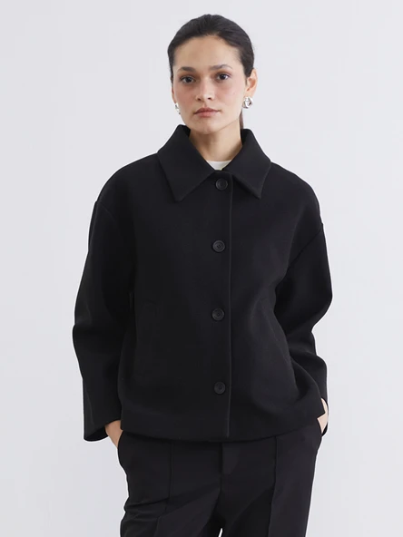 LCW Modest Siyah Gömlek Yaka Oversize Kadın Kaşe Kaban ürün görseli 1
