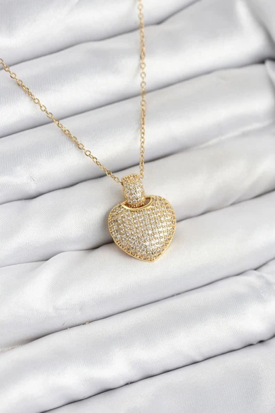 Nevamel® 316L Çelik Zincir Gold Renk Zirkon Taşlı Kalpli Kadın Kolye 5886 ürün görseli 1