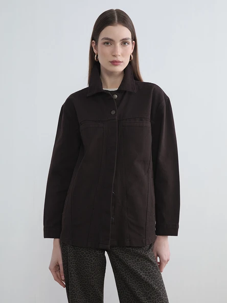 LCW Modest Kahverengi Gömlek Yaka Oversize Kadın Jean Ceket ürün görseli 1