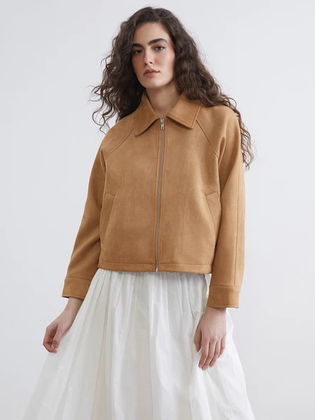 LCW Vision Bej Oversize Kadın Süet Görünümlü Ceket - Resim 4