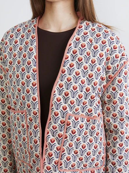 LCW Modest Turuncu Çiçekli Oversize Kadın Ceket - Resim 3