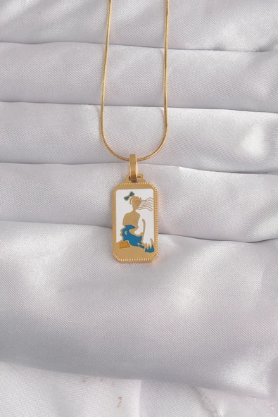 Nevamel® 316L Çelik Gold Renk Beyaz Mineli Kız Figür Tarot Kolye 5886 ürün görseli 1
