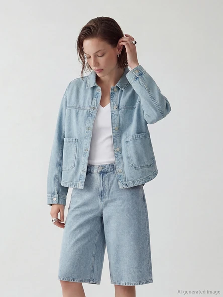 LCW Vision İndigo Gömlek Yaka Oversize Kadın Jean Ceket ürün görseli 1