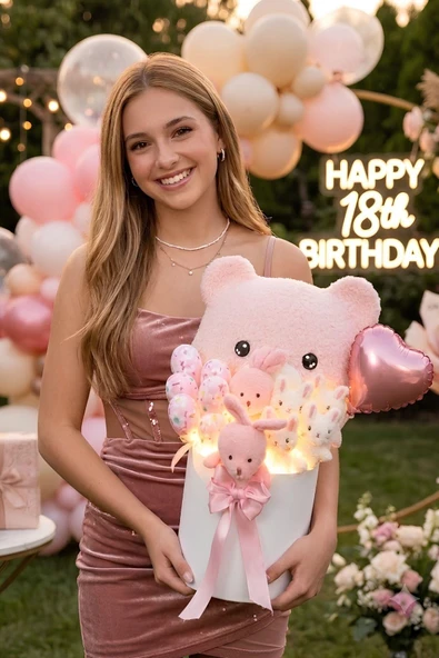 Deluxe LED Işıklı Peluş Ayı Yastıklı Silindir Kutuda Peluş Ayıcık ve Tavşan Buketi | Sevgiliye, Kıza Hediye ürün görseli 1