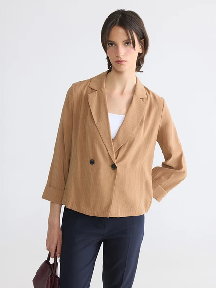 LCW EVERYDAY Bej Kruvaze Yaka Çizgili Kadın Blazer Ceket ürün görseli 1
