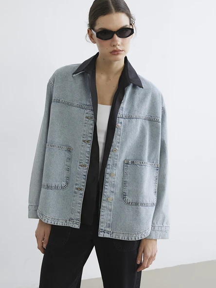 LCWAIKIKI Classic İndigo Gömlek Yaka Oversize Kadın Jean Ceket ürün görseli 1