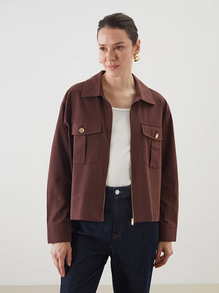 LCWAIKIKI Classic Kahverengi Gömlek Yaka Oversize Keten Karışımlı Kadın Ceket ürün görseli 1