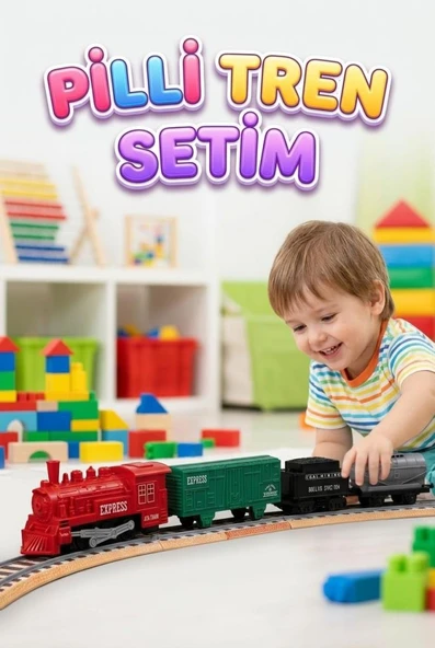 12 Parça Pilli Tren Seti –  Işıklı ve Duman Çıkaran Modüler Ray Sistemli Kırmızı Tren Yeşil Vagon ürün görseli 1