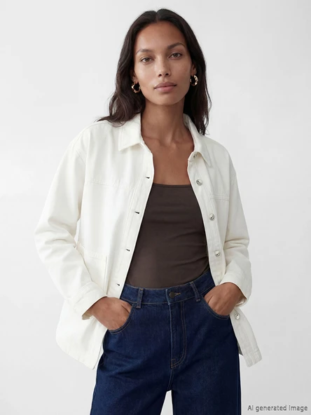 LCW EVERYDAY Beyaz Gömlek Yaka Oversize Kadın Jean Ceket ürün görseli 1