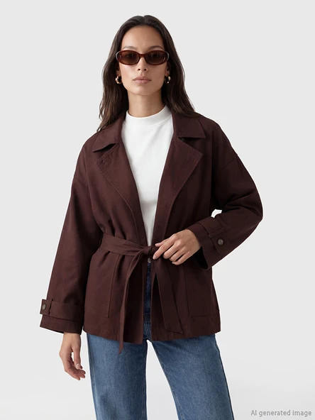 LCW STUDIO Bordo Gömlek Yaka Kuşaklı Oversize Kadın Ceket ürün görseli 1