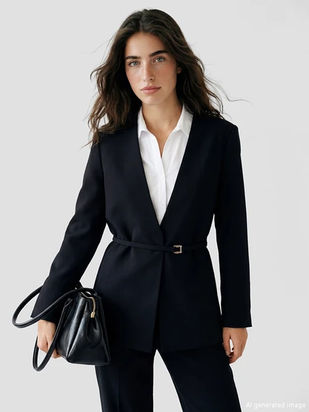 LCW Modest Siyah V Yaka Kemerli Kadın Blazer Ceket ürün görseli 1