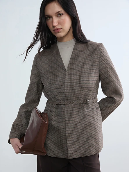 LCW STUDIO Kahverengi Kemerli Ekose Kadın Blazer Ceket ürün görseli 1