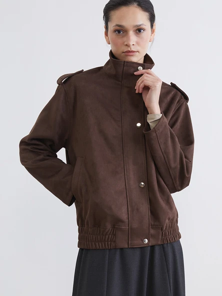 LCW Modest Kahverengi Dik Yaka Oversize Kadın Süet Görünümlü Ceket ürün görseli 1