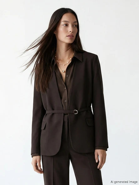 LCW STUDIO Kahverengi Beli Kemerli Kadın Blazer Ceket ürün görseli 1