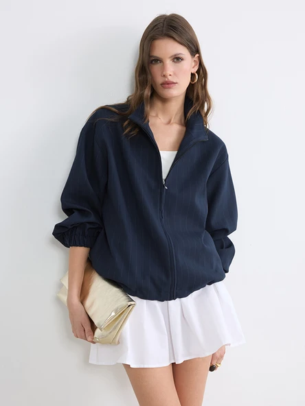 LCW EVERYDAY Lacivert Dik Yaka Çizgili Oversize Kadın Ceket ürün görseli 1