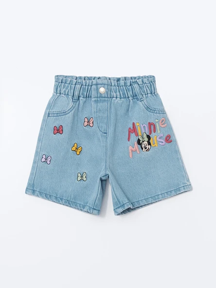LCW Kids Mavi Beli Lastikli Minnie Mouse Nakışlı Kız Çocuk Jean Şort ürün görseli 1