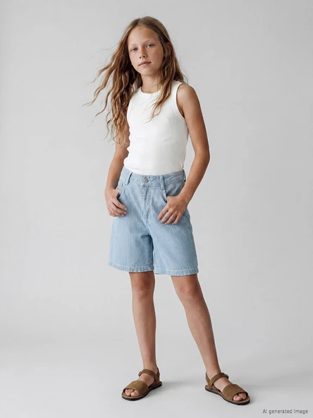LCW Kids İndigo Çizgili Kız Çocuk Jean Şort ürün görseli 1