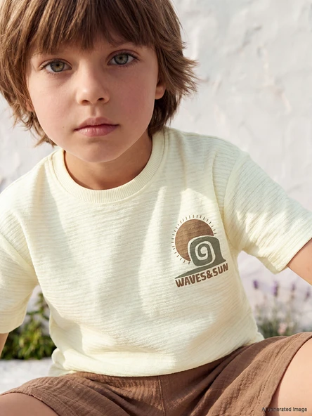 LCW Kids Sarı Bisiklet Yaka Baskılı Erkek Çocuk Tişört ürün görseli 1