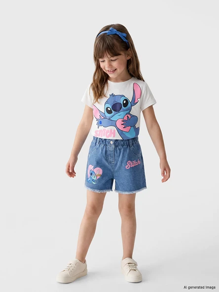 LCW Kids Mavi Lilo & Stitch Baskılı Kız Çocuk Jean Şort ürün görseli 1