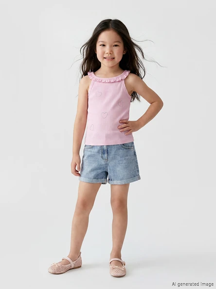 LCW Kids İndigo Taş İşlemeli Kız Çocuk Jean Şort ürün görseli 1