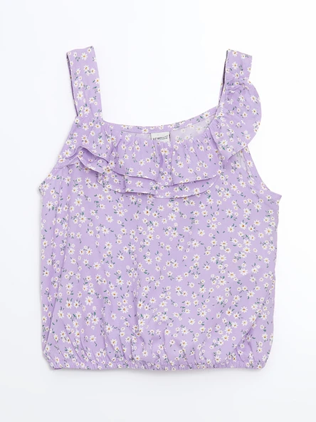 LCW Kids Lila Kare Yaka Çiçekli Kız Çocuk Crop Bluz ürün görseli 1