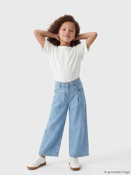 LCW Kids İndigo Beli Lastikli Wideleg Kız Çocuk Jean Pantolon ürün görseli 1