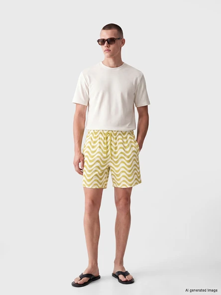 LCW SWIMWEAR Sarı Kısa Boy Dalgalı Desenli Erkek Deniz Şortu ürün görseli 1