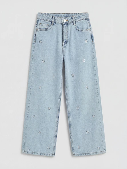 LCW Kids Mavi Wideleg Nakışlı Kız Çocuk Jean Pantolon ürün görseli 1