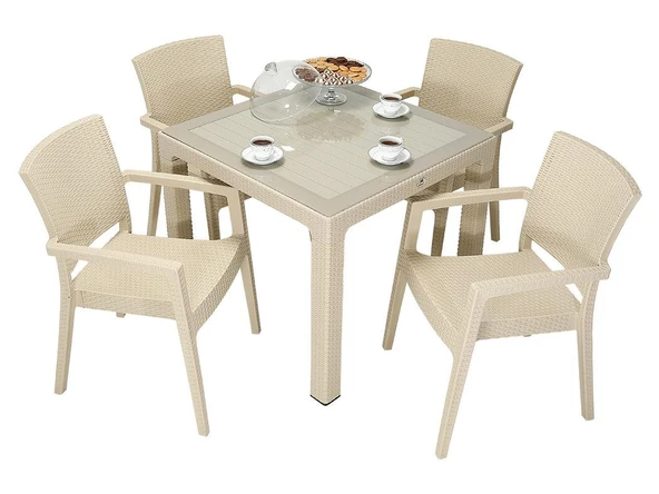 Norino Mandella Elit Rattan 90x90 Zeus Koltuk Camlı Masa Takımı ÇÖLBEJİ ürün görseli 1