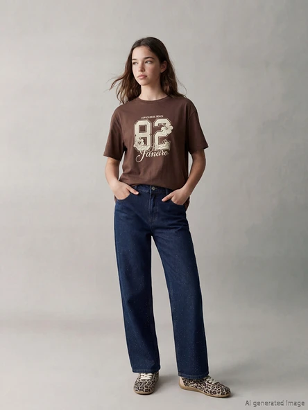 LCW Kids İndigo Wideleg Taşlı Kız Çocuk Jean Pantolon ürün görseli 1