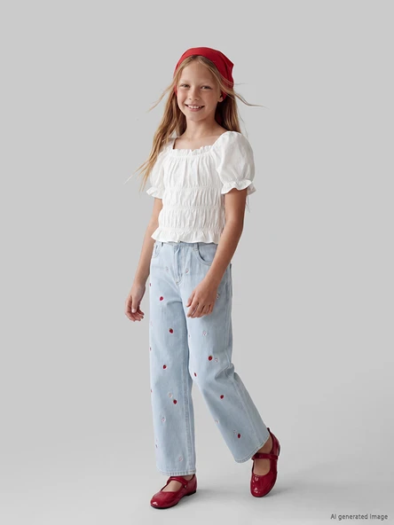LCW Kids İndigo Wideleg Çilek Nakışlı Kız Çocuk Jean Pantolon ürün görseli 1