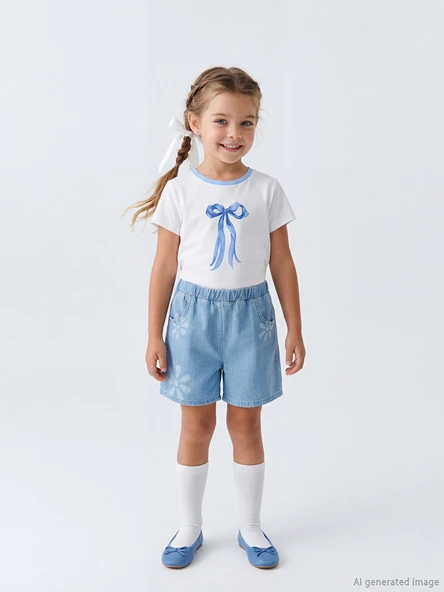 LCW Kids İndigo Beli Lastikli Çiçek Baskılı Kız Çocuk Jean Şort ürün görseli 1