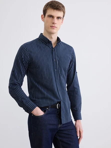 LCWAIKIKI Classic Lacivert Regular Fit Çizgili Erkek Keten Karışımlı Gömlek ürün görseli 1