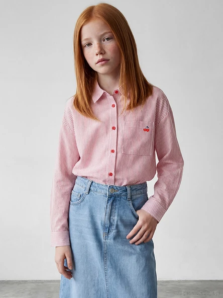 LCW Kids Kırmızı Çizgili Uzun Kollu Poplin Kız Çocuk Gömlek ürün görseli 1