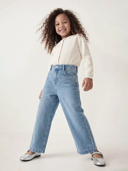 LCW Kids İndigo Wideleg Taşlı Kız Çocuk Jean Pantolon ürün görseli 1