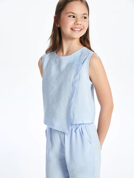 LCW Kids Mavi Bisiklet Yaka Çiçekli Kız Çocuk Bluz ürün görseli 1