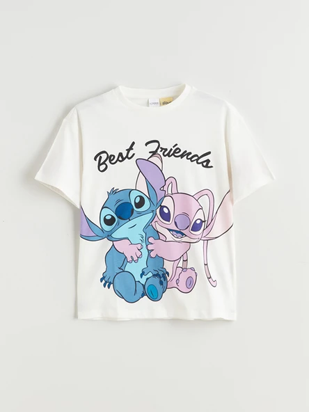 LCW Kids Beyaz Bisiklet Yaka Stitch ve Angel Baskılı Kız Çocuk Tişört ürün görseli 1